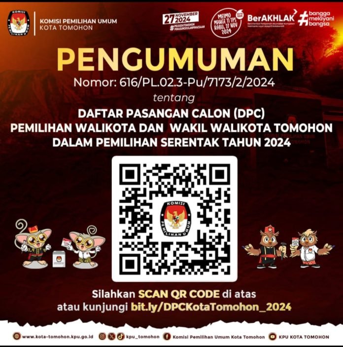 KPU Tomohon Umumkan Daftar Pasangan Calon Pemilihan Wali Kota dan Wakil Wali Kota Tomohon Dalam Pemilihan Serentak Tahun 2024